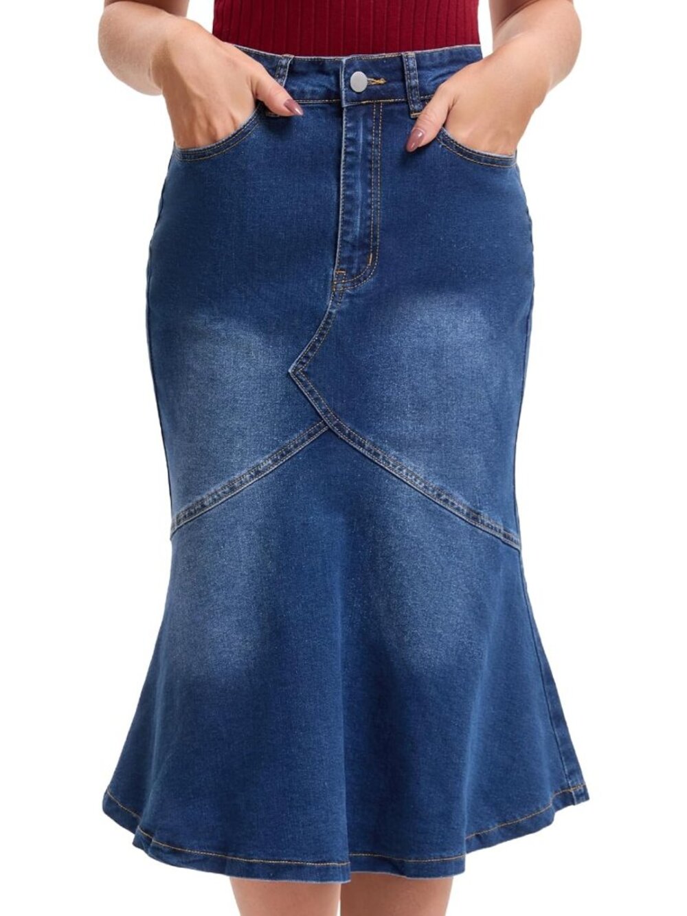 High-Waisted Ruffled Midi Jean Skirt | Bodycon Fishtail Denim for Women